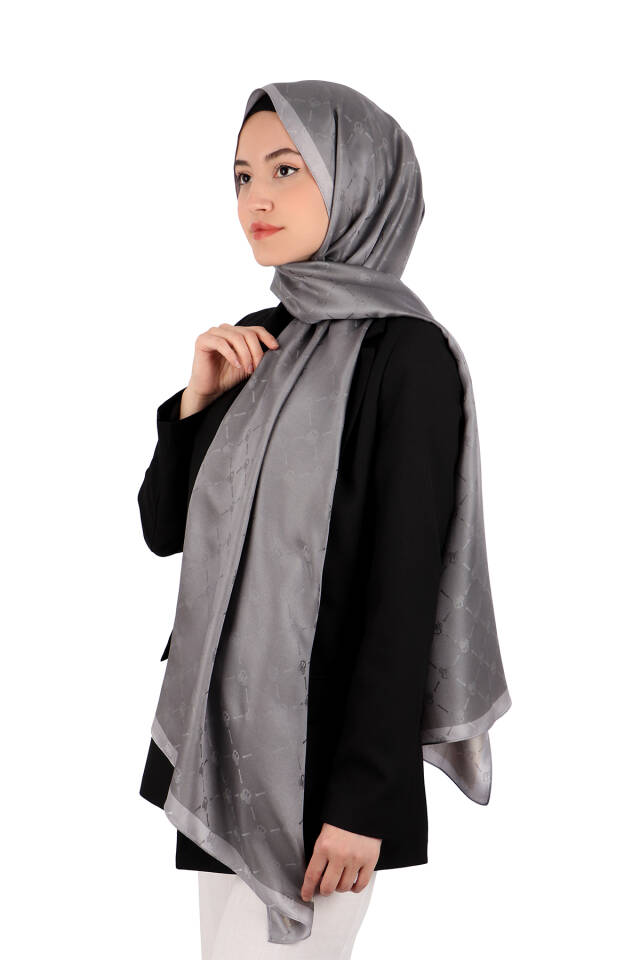 Füme Zincir Monogram Desen İpek Şal - 2