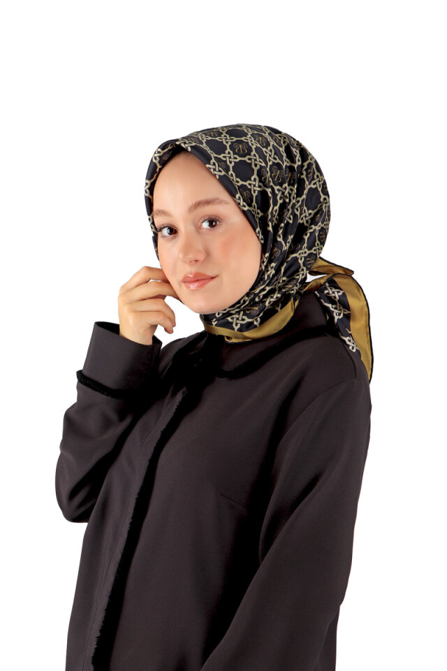 Siyah Zincir Monogram Twill İpek Eşarp - Bursa İpek