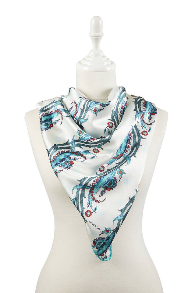 Zümrüt Mint Turkish Pattern Ivy Pattern Silky Square Scarf - 2